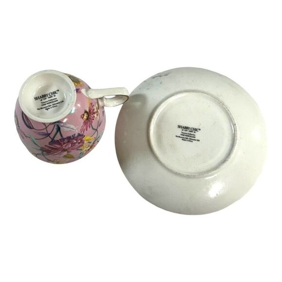 Shabby Chic Fine Porcelain Teacup & Saucer Set Floral Bird Design Pink 3” Cup - Picture 3 of 9
